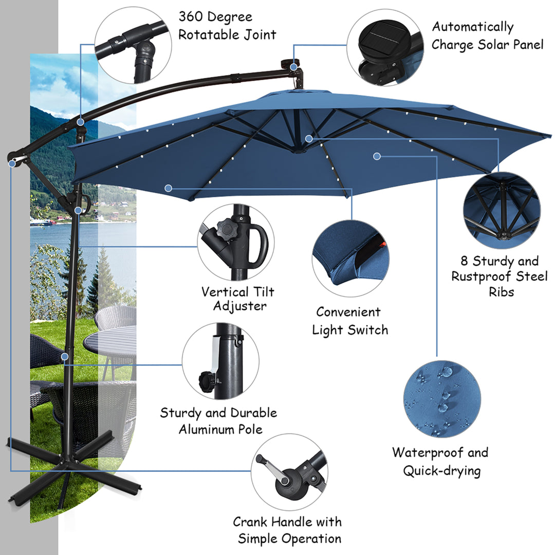 10FT Patio Offset Umbrella Solar Powered LED 360Degree Rotation Aluminum Blue Image 10