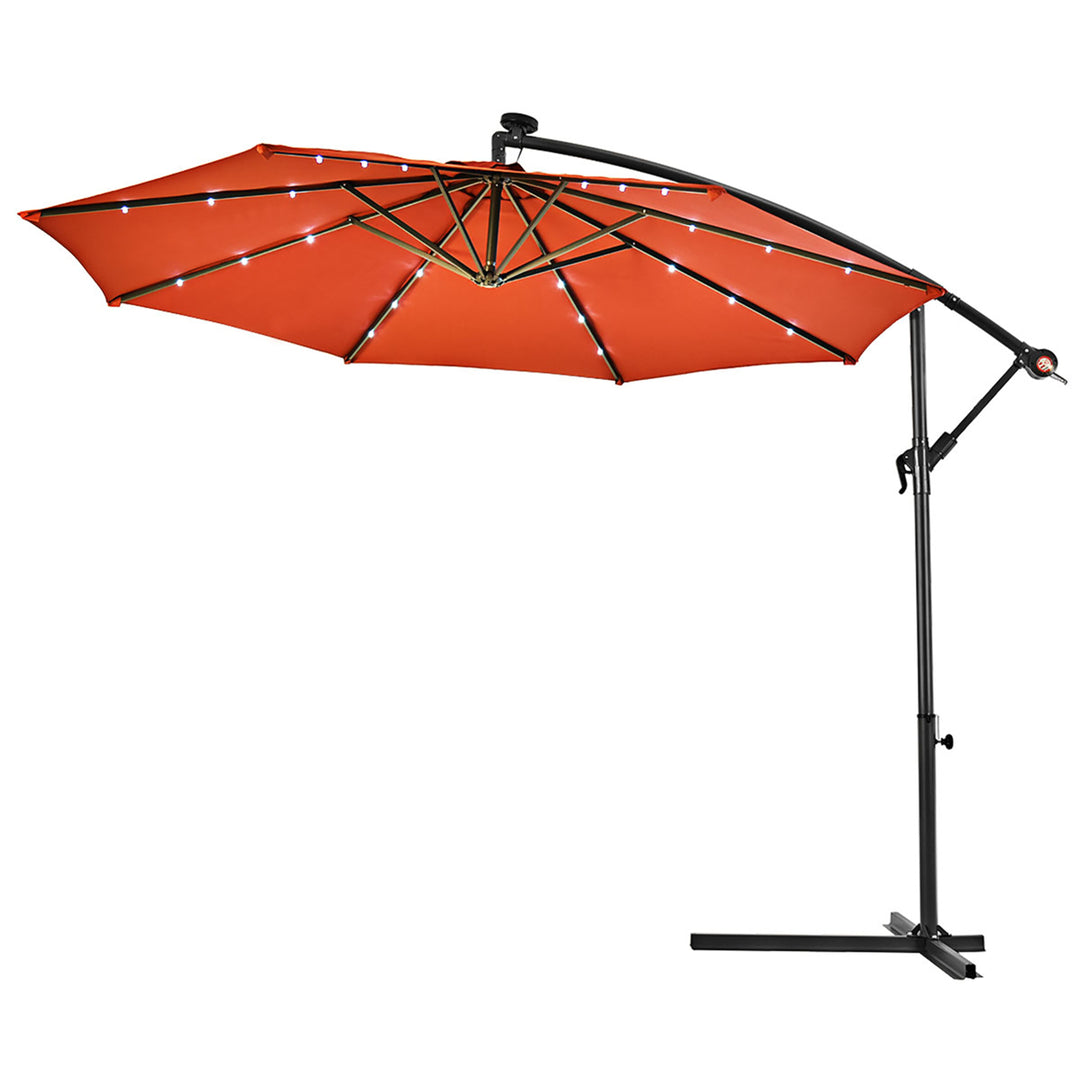 10 Hanging Solar LED Umbrella Patio Sun Shade Offset Market W/Base Orange Image 8