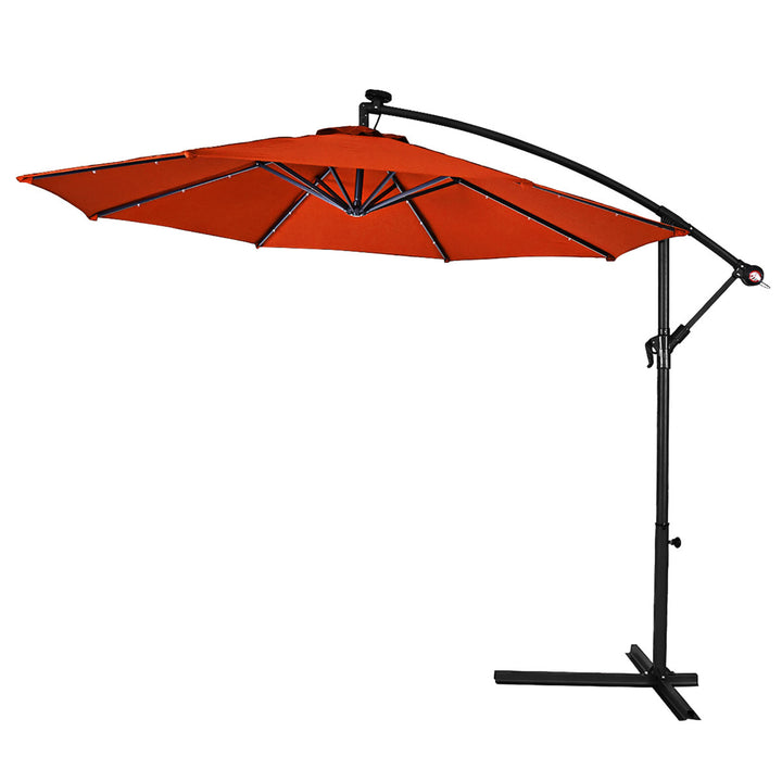 10 Hanging Solar LED Umbrella Patio Sun Shade Offset Market W/Base Orange Image 9