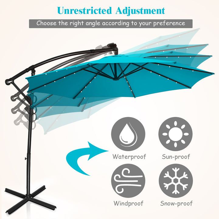 10FT Patio Offset Umbrella Solar Powered LED 360Degree Rotation Aluminum Turquoise Image 8