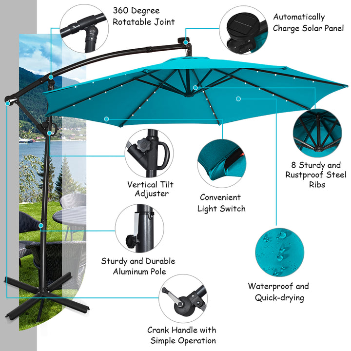 10FT Patio Offset Umbrella Solar Powered LED 360Degree Rotation Aluminum Turquoise Image 10