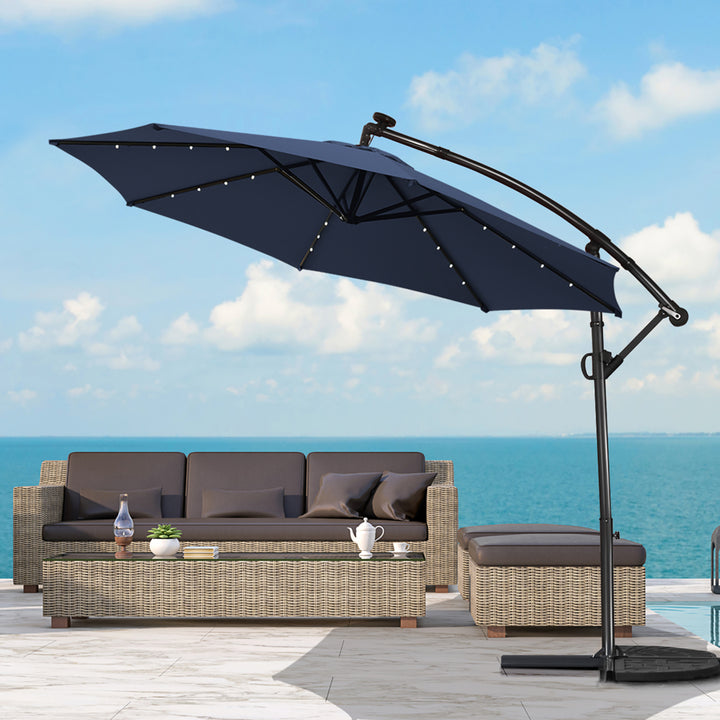 10FT Patio Offset Umbrella Solar Powered LED 360Degree Rotation Aluminum Navy Image 6