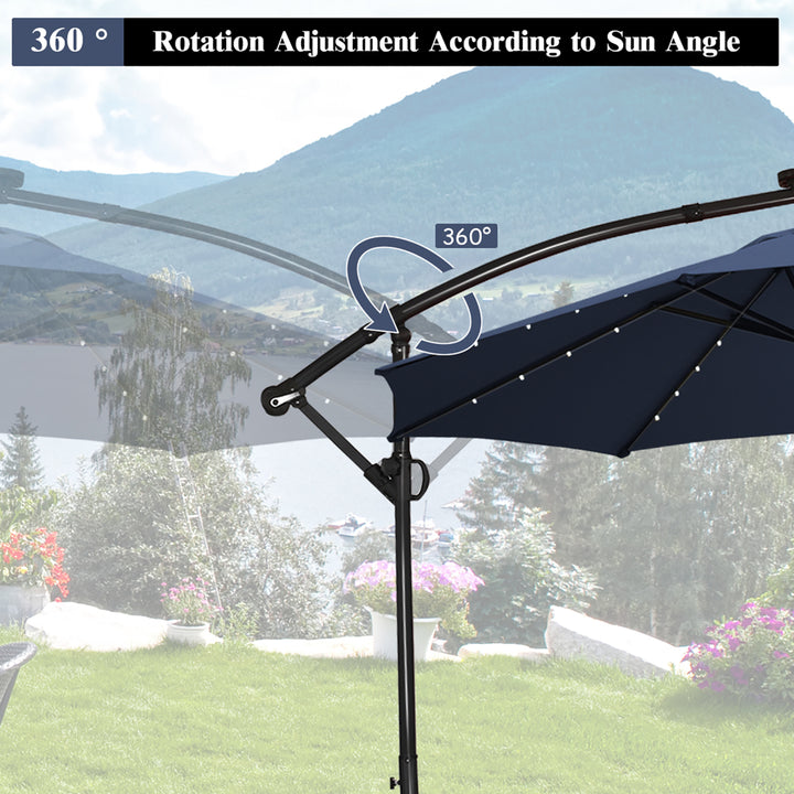 10FT Patio Offset Umbrella Solar Powered LED 360Degree Rotation Aluminum Navy Image 7