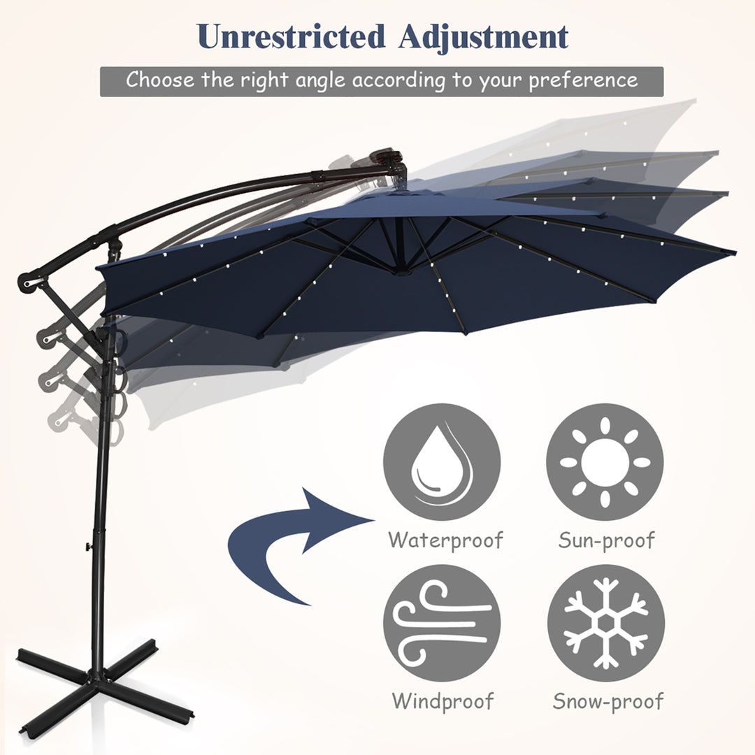 10FT Patio Offset Umbrella Solar Powered LED 360Degree Rotation Aluminum Navy Image 8