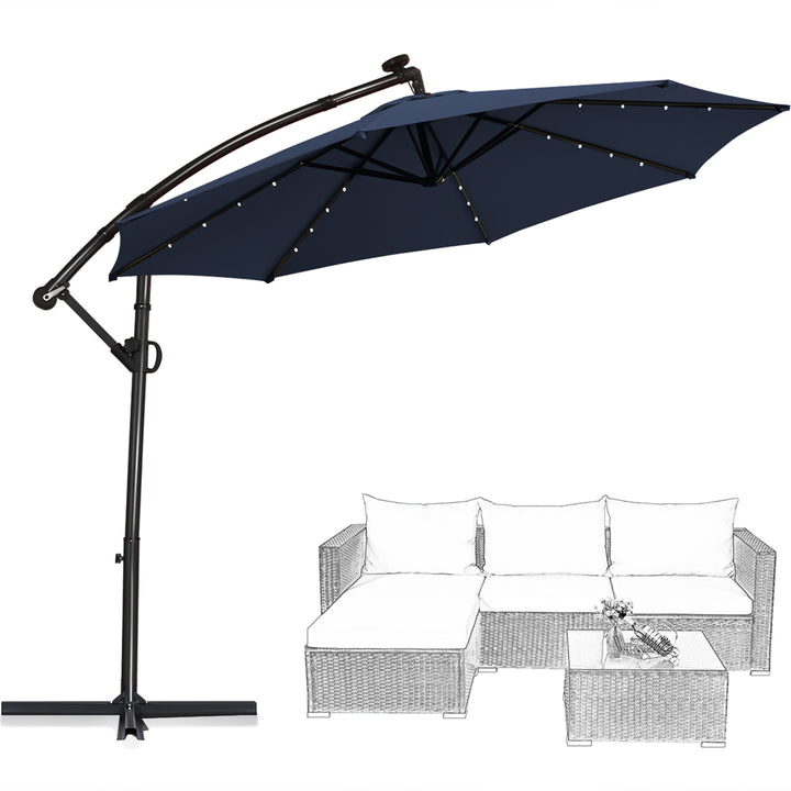 10FT Patio Offset Umbrella Solar Powered LED 360Degree Rotation Aluminum Navy Image 10