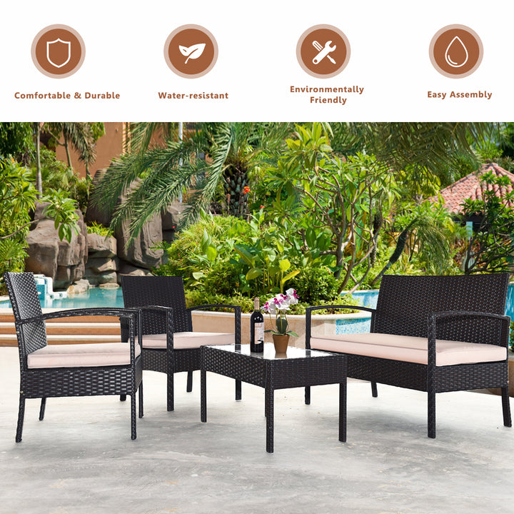 8PCS Patio Rattan Conversation Furniture Set Cushioned Seat Glass Table Image 7