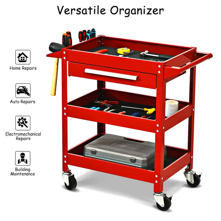 Three Tray Rolling Tool Cart Mechanic Cabinet Storage ToolBox Organizer w/Drawer Image 6