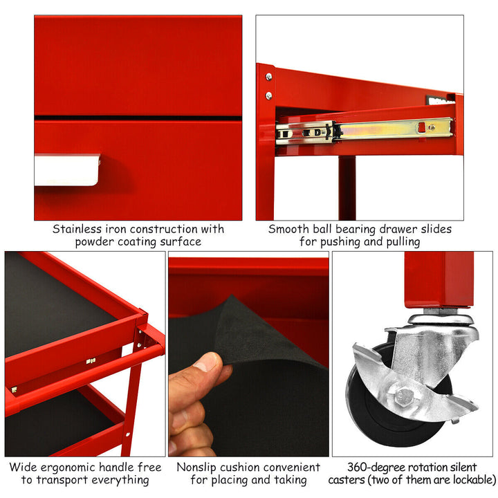 Three Tray Rolling Tool Cart Mechanic Cabinet Storage ToolBox Organizer w/Drawer Image 7