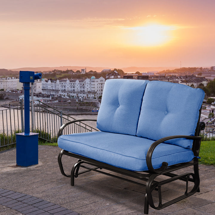 Glider Outdoor Patio Rocking Bench Loveseat Cushioned Seat Steel Frame Blue Image 8