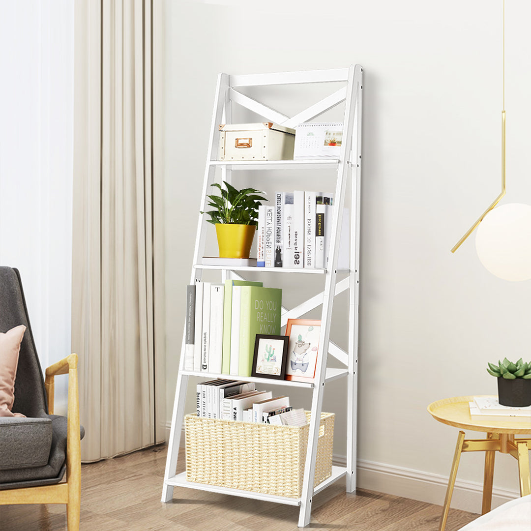 Set of 2 Ladder Shelf 4-Tier Bookshelf Bookcase Storage Display Plant Leaning Image 6