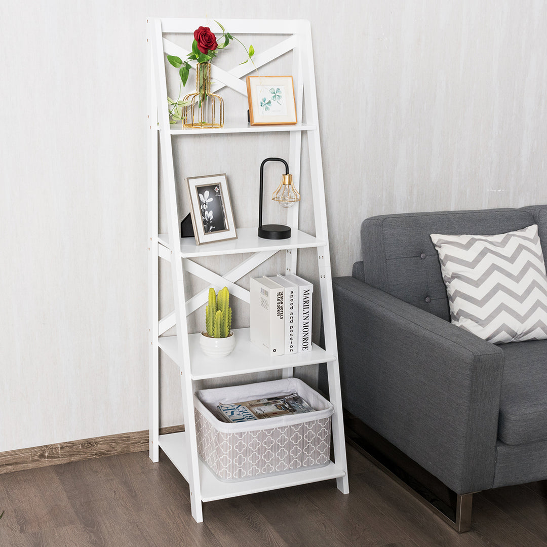 Set of 2 Ladder Shelf 4-Tier Bookshelf Bookcase Storage Display Plant Leaning Image 7