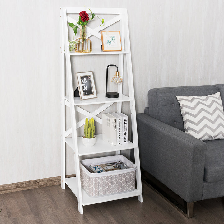 4-Tier Ladder Shelf Bookshelf Bookcase Storage Display Plant Leaning Shelf White Image 7