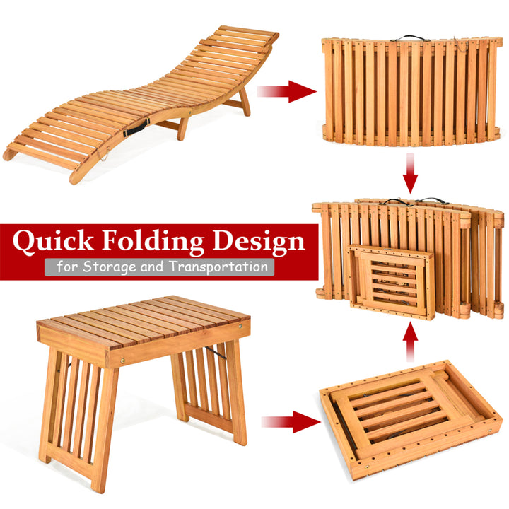 3PCS Wooden Folding Lounge Chair Set Cushion Pad Pool Deck Image 8