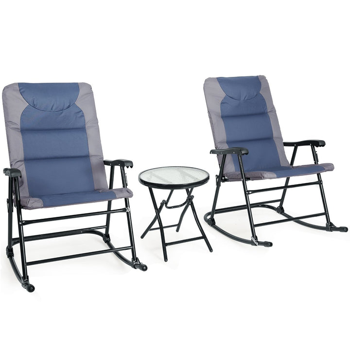 3PCS Folding Bistro Set Rocking Chair Cushioned Table Garden Blue Image 10