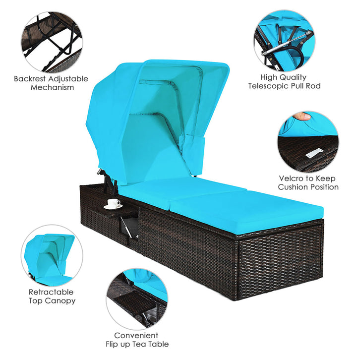 2PCS Patio Rattan Lounge Chair Chaise Cushioned Top Canopy Adjustable Turquoise Image 8