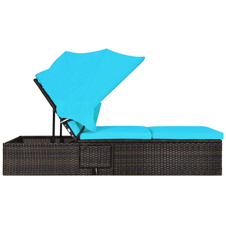 2PCS Patio Rattan Lounge Chair Chaise Cushioned Top Canopy Adjustable Turquoise Image 10