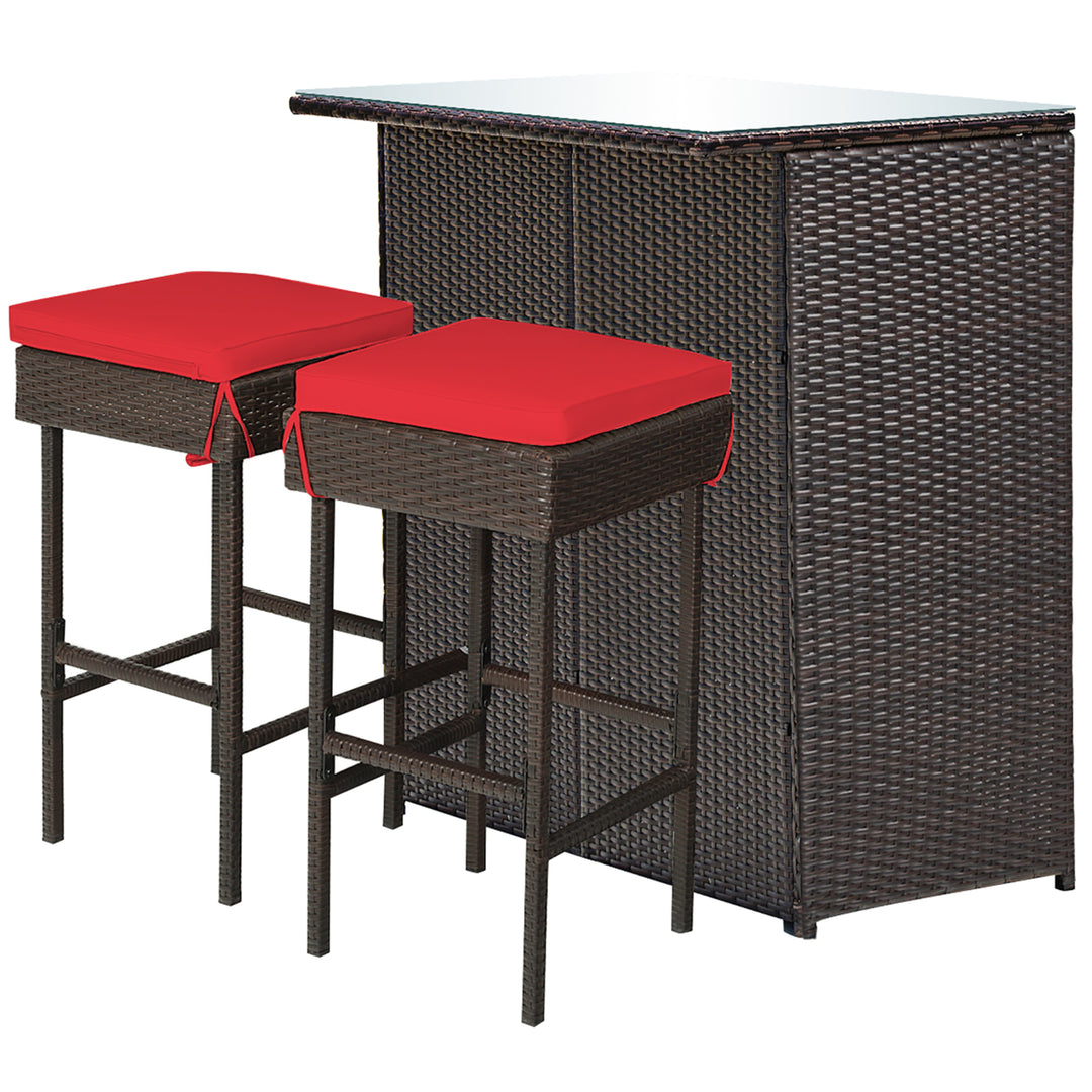 3PCS Patio Rattan Wicker Bar Table Stools Dining Set Cushioned Chairs Garden Red Image 8