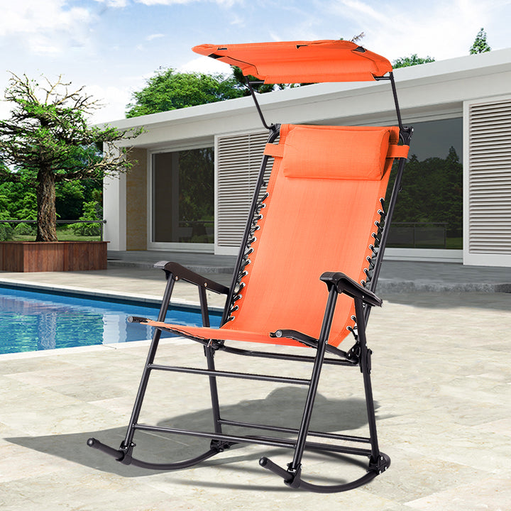 Costway Folding Rocking Chair Rocker Porch Zero Gravity Furniture Sunshade Canopy Orange Image 6