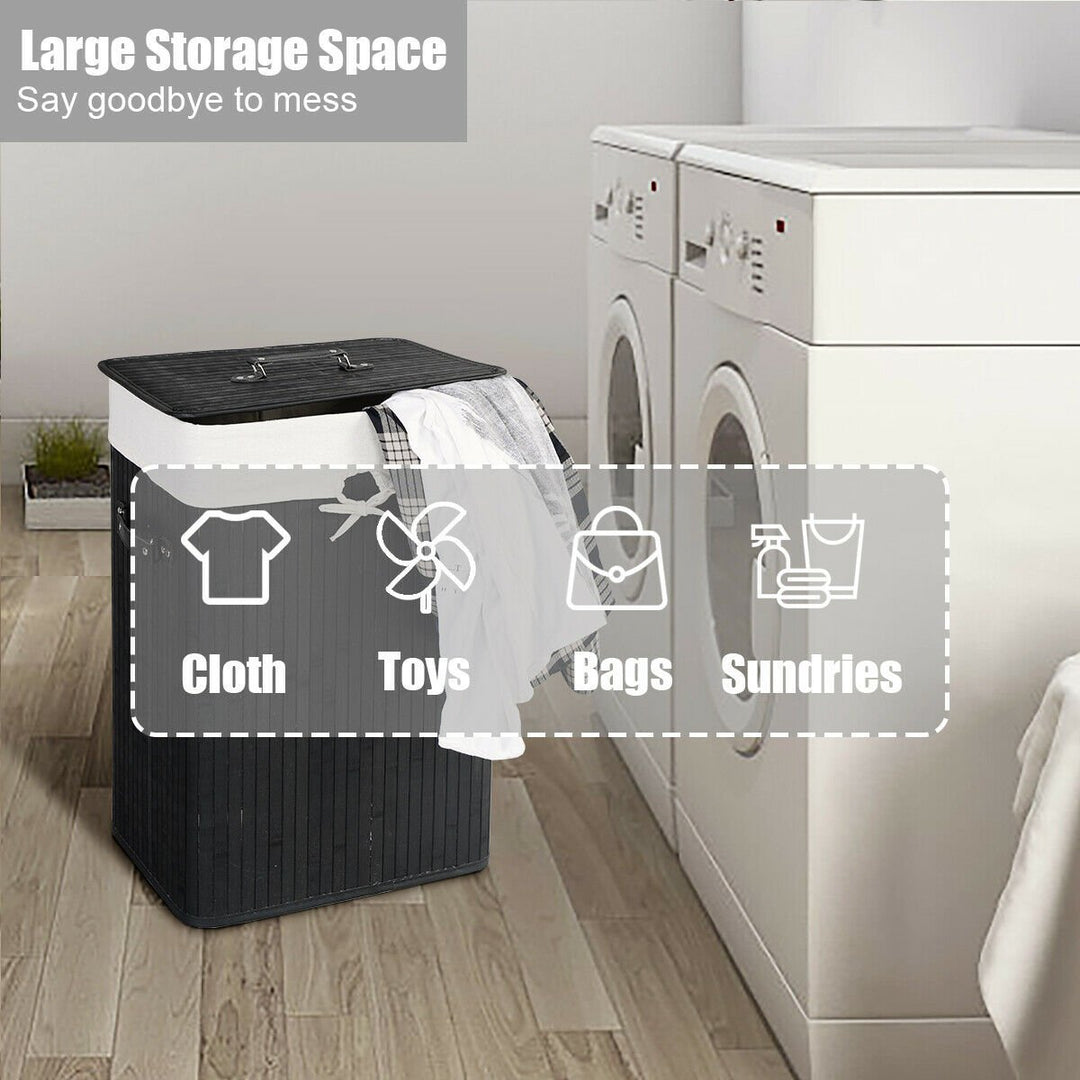 Rectangle Bamboo Hamper Laundry Basket Washing Cloth Bin Rangier Lid Black Image 6