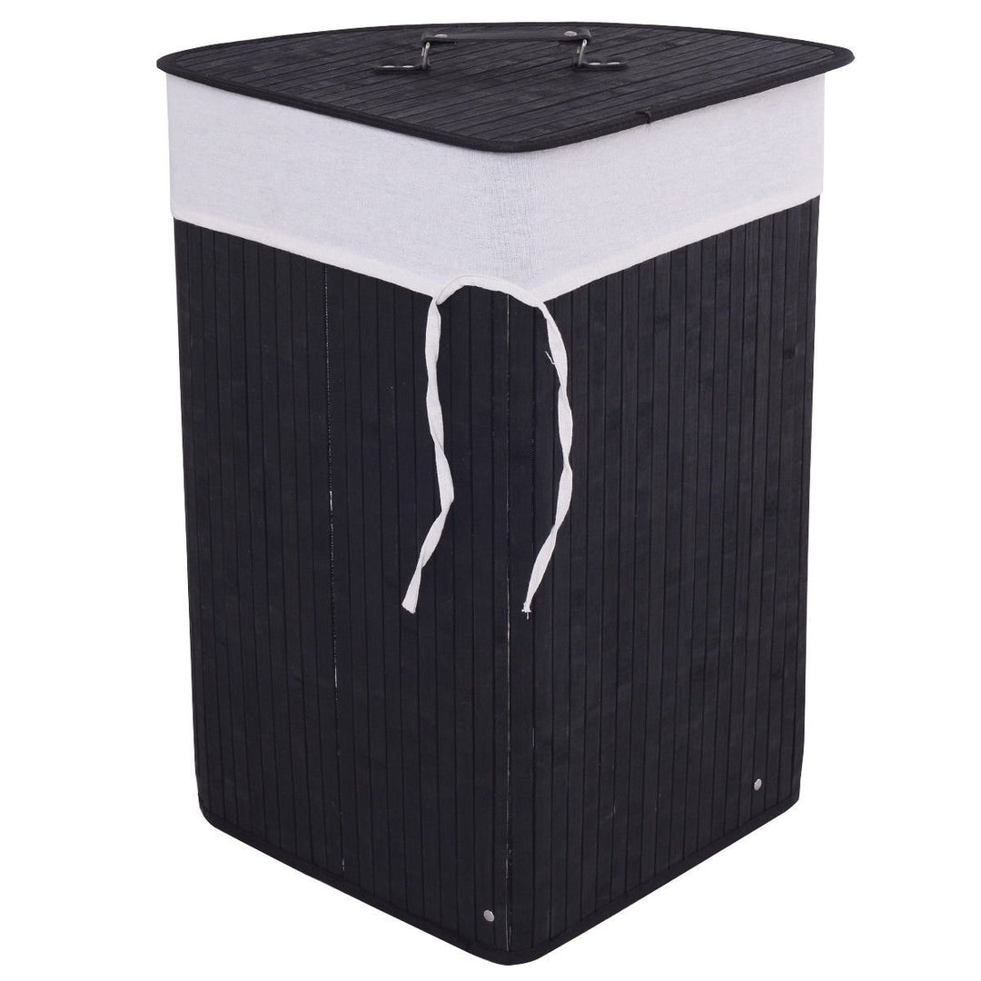 Corner Bamboo Hamper Laundry Basket Washing Cloth Bin Storage Bag Lid Black Image 8