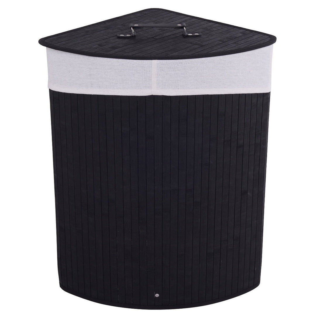 Corner Bamboo Hamper Laundry Basket Washing Cloth Bin Storage Bag Lid Black Image 9