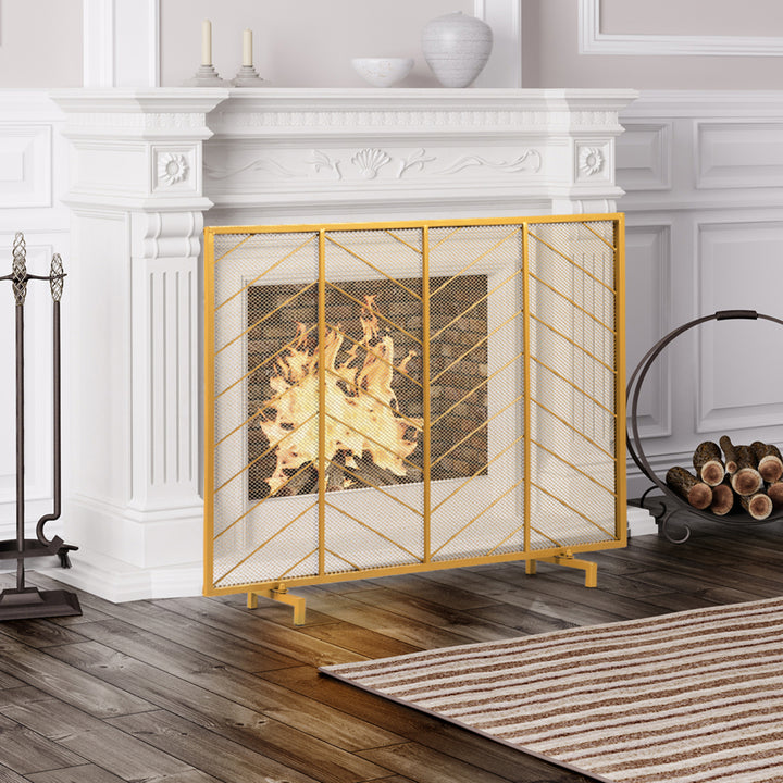 39x31 Single Panel Fireplace Screen Spark Guard Fence Chevron Gold Finish Image 4