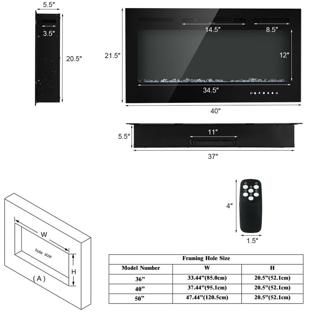 40 Electric Fireplace Recessed and Wall Mounted 750W/1500W W/ Multicolor Flame Image 2