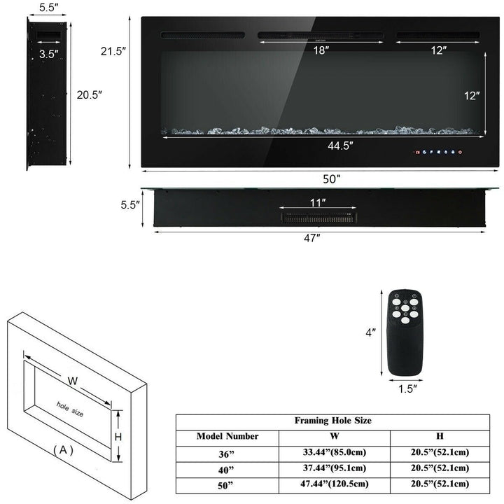 50 Electric Fireplace Recessed and Wall Mounted 750W/1500W W/ Multicolor Flame Image 2