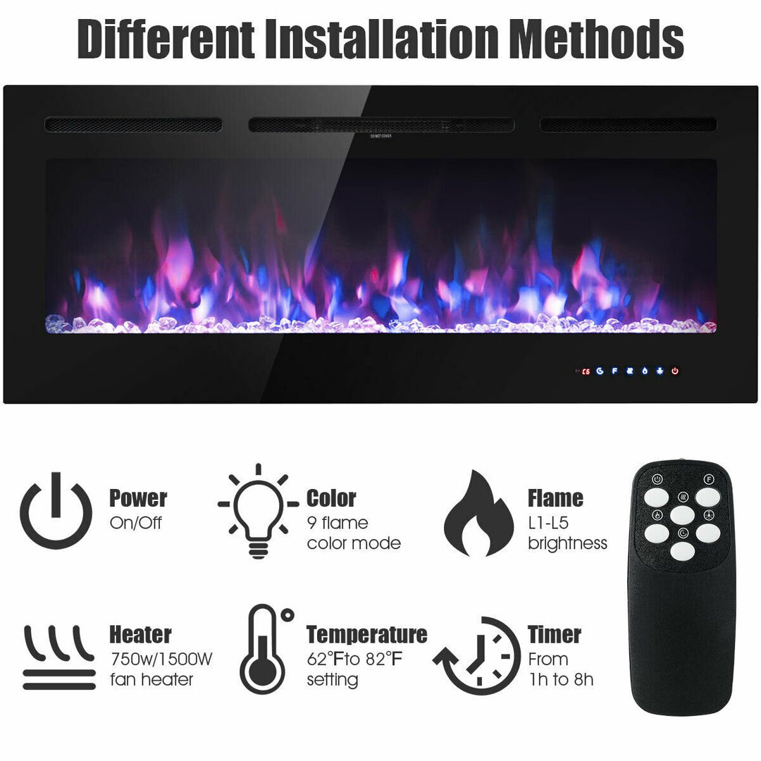 50 Electric Fireplace Recessed and Wall Mounted 750W/1500W W/ Multicolor Flame Image 7