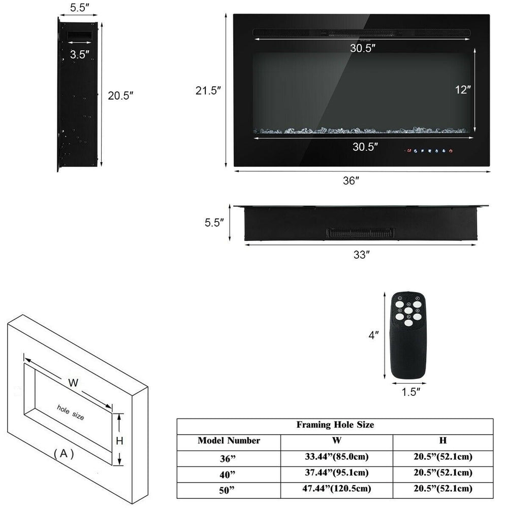 36 Electric Fireplace Recessed and Wall Mounted 750W/1500W W/ Multicolor Flame Image 2