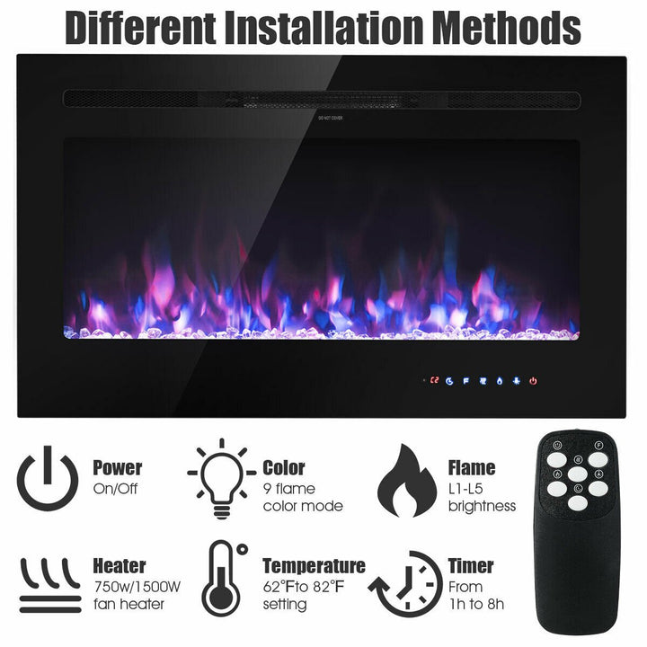 36 Electric Fireplace Recessed and Wall Mounted 750W/1500W W/ Multicolor Flame Image 7