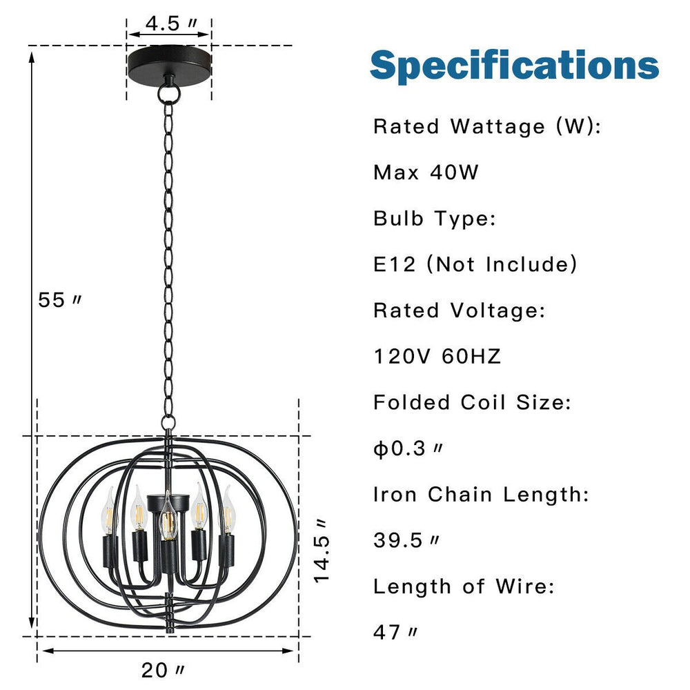 16 5-Light Metal Pendant Chandelier w/ Iron Chain Pivoting Interlocking Rings Image 2