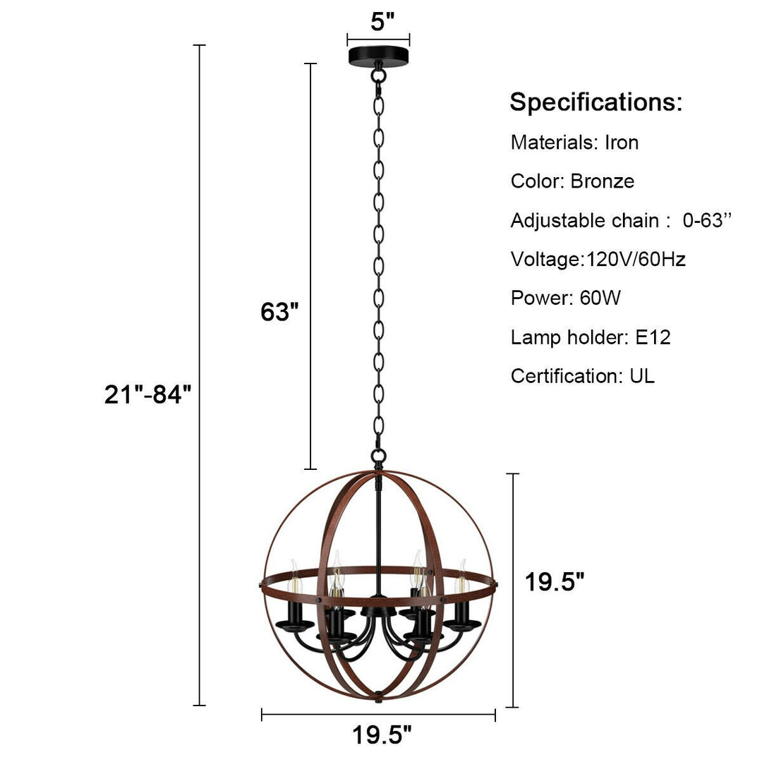 6-Light Orb Chandelier Rustic Vintage Ceiling Lamp w/Bronze Finish Light Fixture Image 8