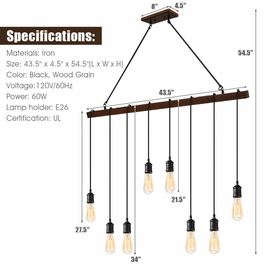 8-light Industrial Pendant Light Wood Hanging Chandelier Fixture for Image 2