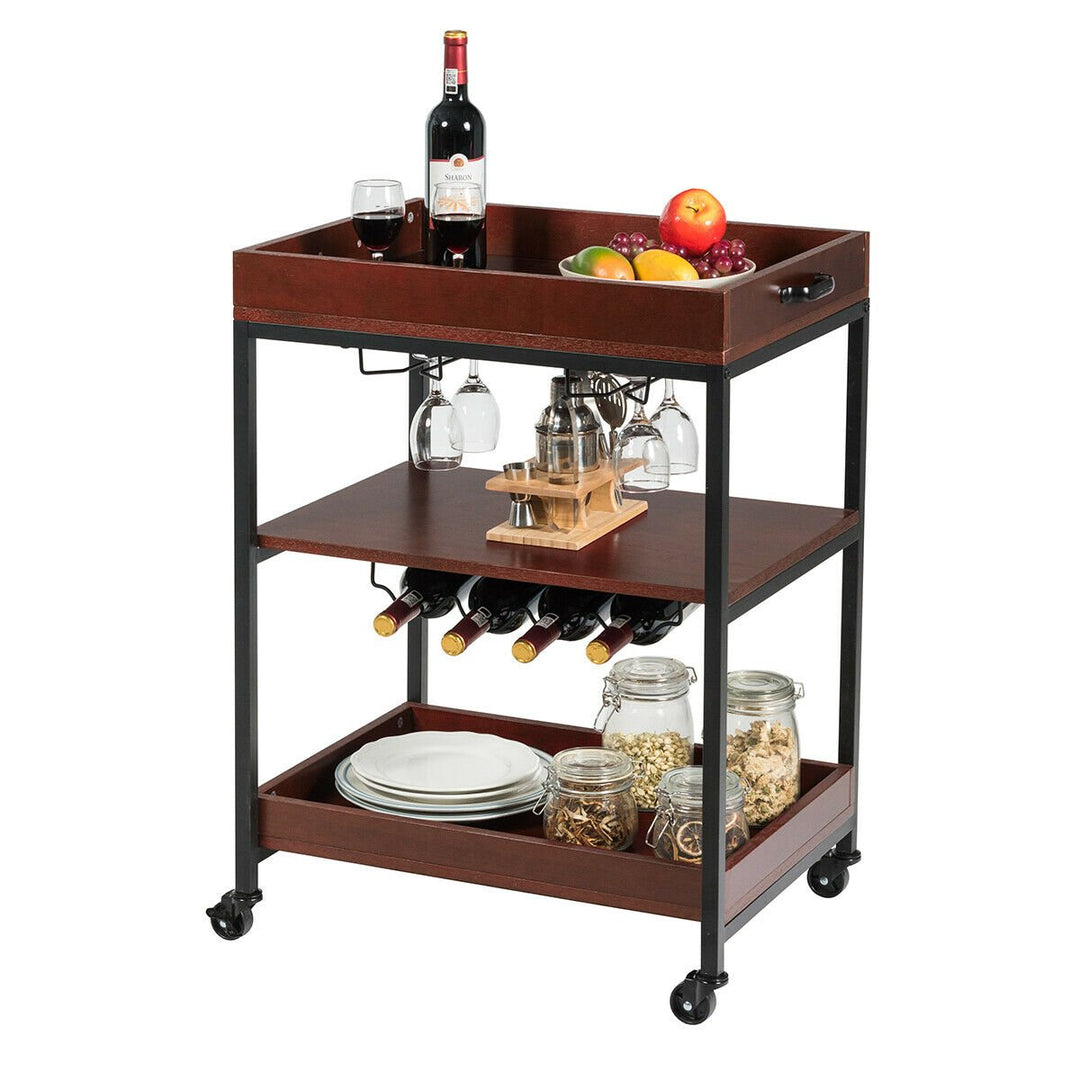 3 Tier Trolley Cart Kitchen Island Serving Bar Cart w/ Glass Holder and Wine Rack Image 1