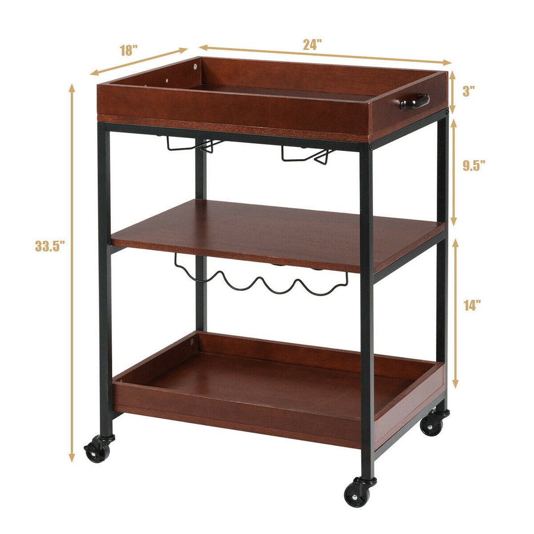 3 Tier Trolley Cart Kitchen Island Serving Bar Cart w/ Glass Holder and Wine Rack Image 2