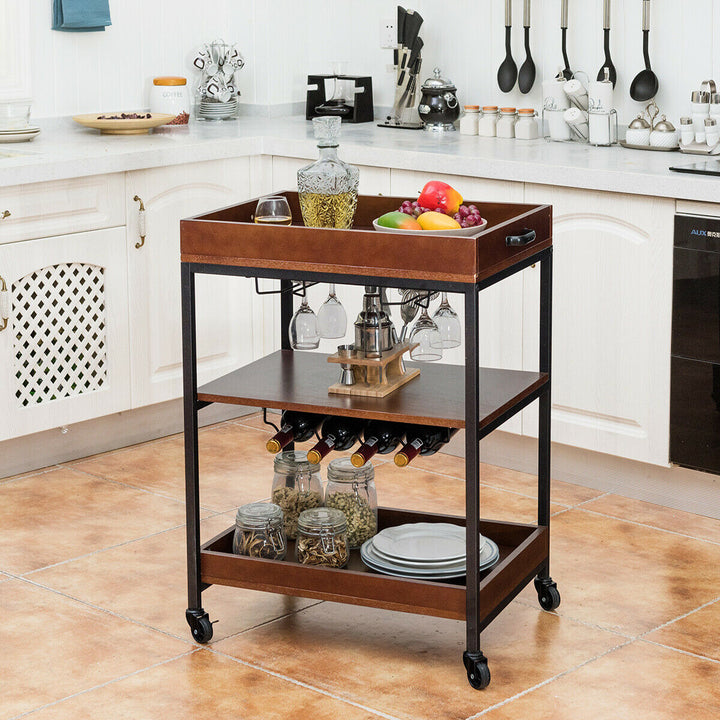 3 Tier Trolley Cart Kitchen Island Serving Bar Cart w/ Glass Holder and Wine Rack Image 3