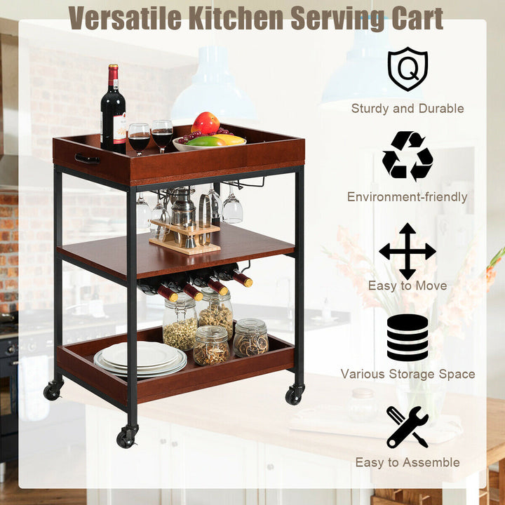 3 Tier Trolley Cart Kitchen Island Serving Bar Cart w/ Glass Holder and Wine Rack Image 4