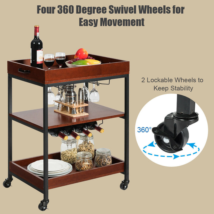 3 Tier Trolley Cart Kitchen Island Serving Bar Cart w/ Glass Holder and Wine Rack Image 5