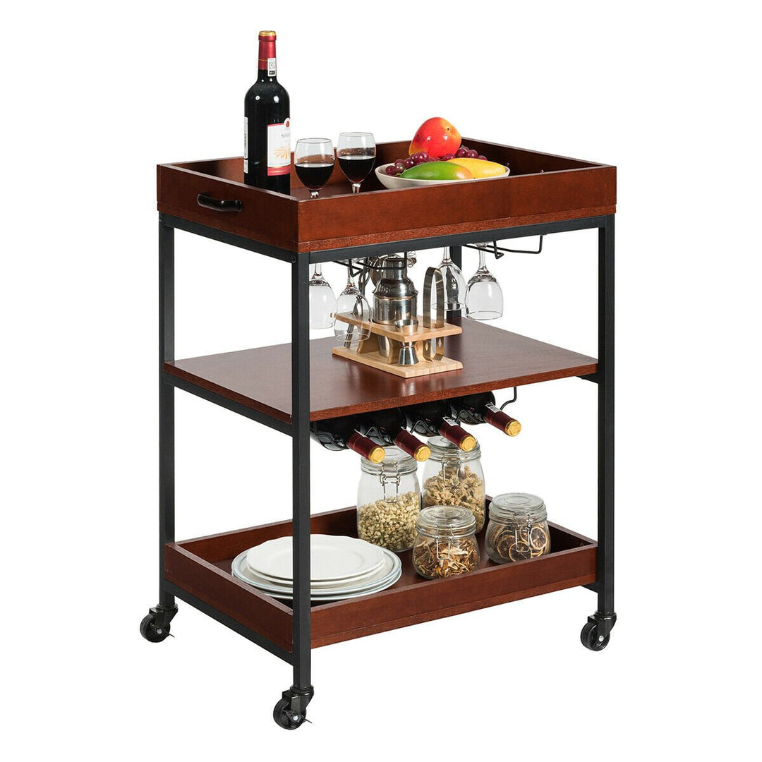 3 Tier Trolley Cart Kitchen Island Serving Bar Cart w/ Glass Holder and Wine Rack Image 7