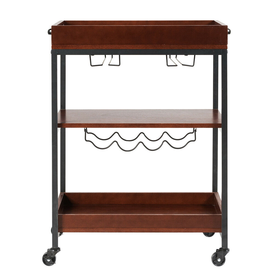 3 Tier Trolley Cart Kitchen Island Serving Bar Cart w/ Glass Holder and Wine Rack Image 9