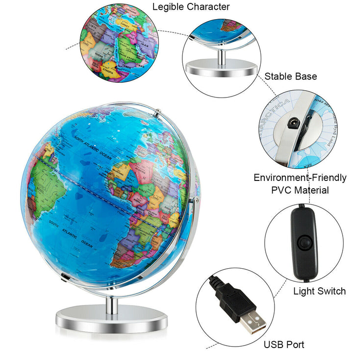 13" Illuminated World Globe 720 Degree Rotating Education Cartography Map W/ LED Image 8