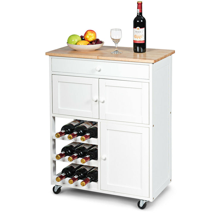 Modern Rolling Kitchen Cart Trolley Island Storage Cabinet w/DrawerandWine Rack Image 1