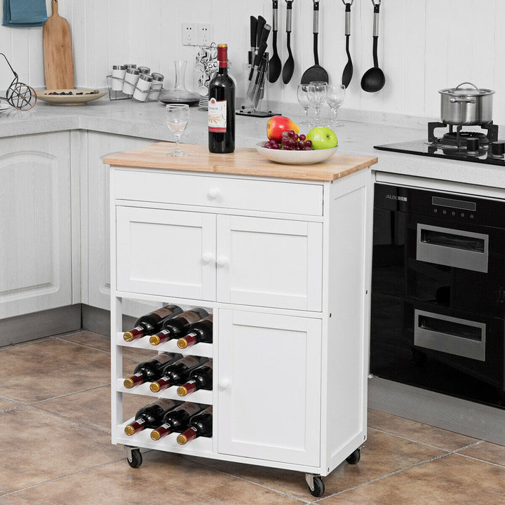 Modern Rolling Kitchen Cart Trolley Island Storage Cabinet w/DrawerandWine Rack Image 3