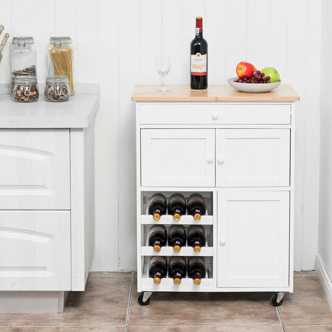 Modern Rolling Kitchen Cart Trolley Island Storage Cabinet w/DrawerandWine Rack Image 4