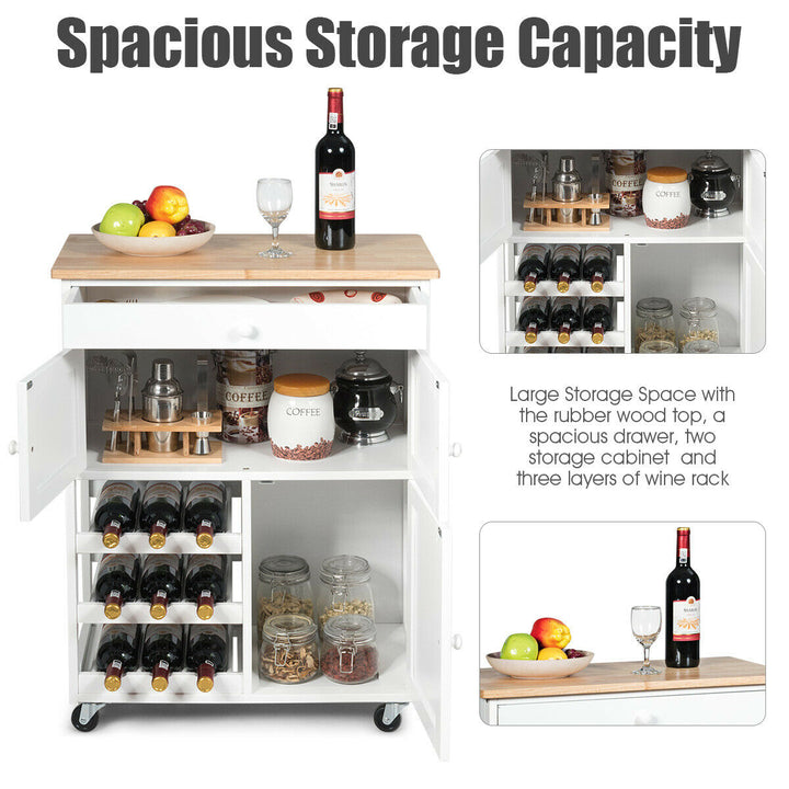 Modern Rolling Kitchen Cart Trolley Island Storage Cabinet w/DrawerandWine Rack Image 5