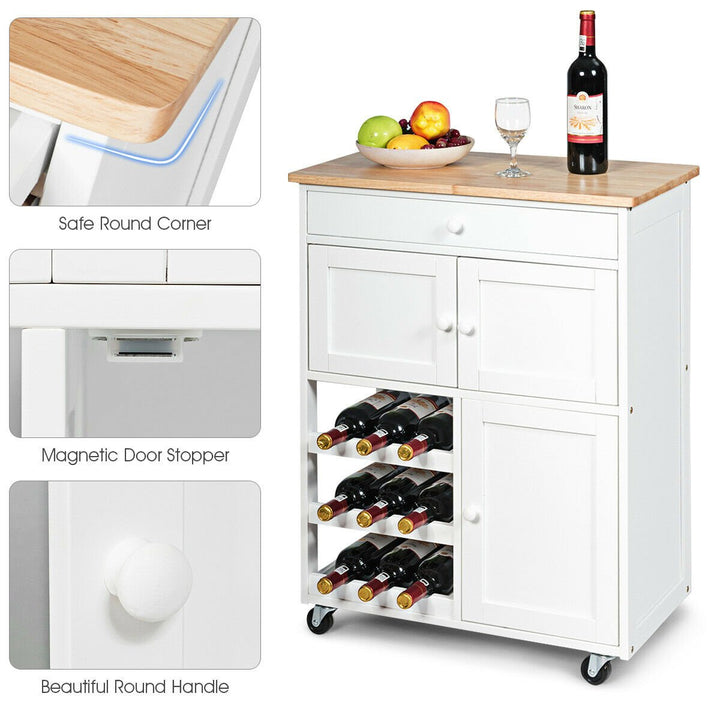 Modern Rolling Kitchen Cart Trolley Island Storage Cabinet w/DrawerandWine Rack Image 7