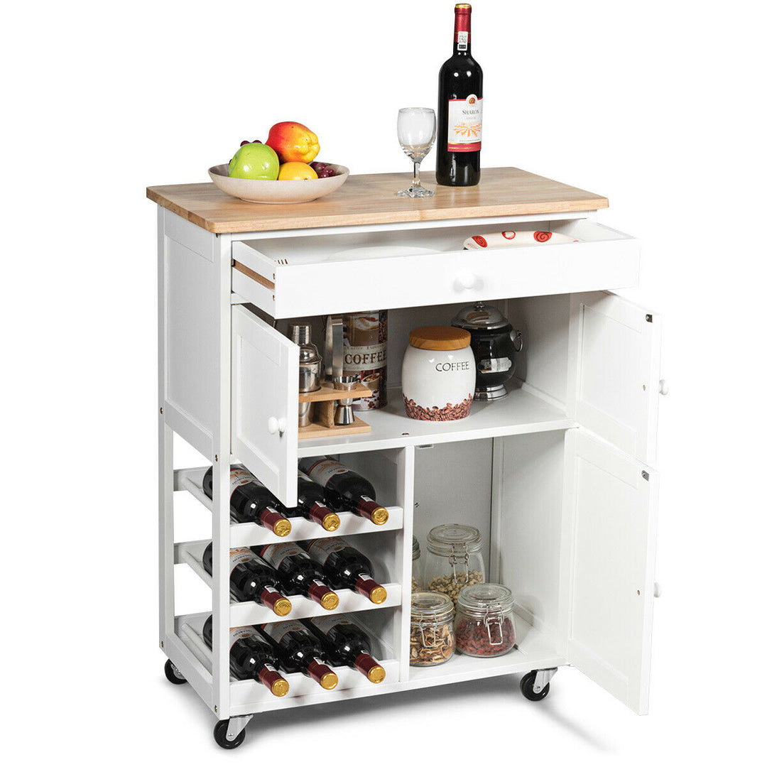 Modern Rolling Kitchen Cart Trolley Island Storage Cabinet w/DrawerandWine Rack Image 8