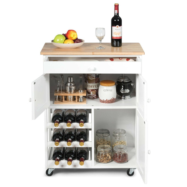 Modern Rolling Kitchen Cart Trolley Island Storage Cabinet w/DrawerandWine Rack Image 9