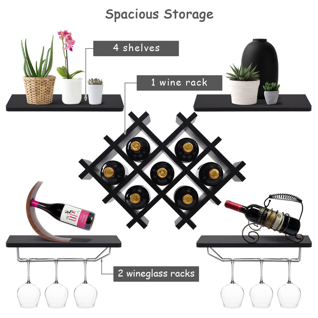 Set of 5 Wall Mount Wine Rack Set Storage Shelves and Glass Holder Black Image 5